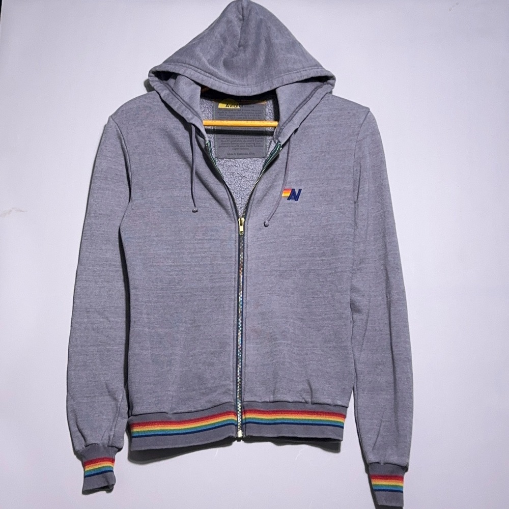 Aviator‎ Nation Zip Hoodie Womens Size Small Rainbow Trim Grey Surf 5 Stripe